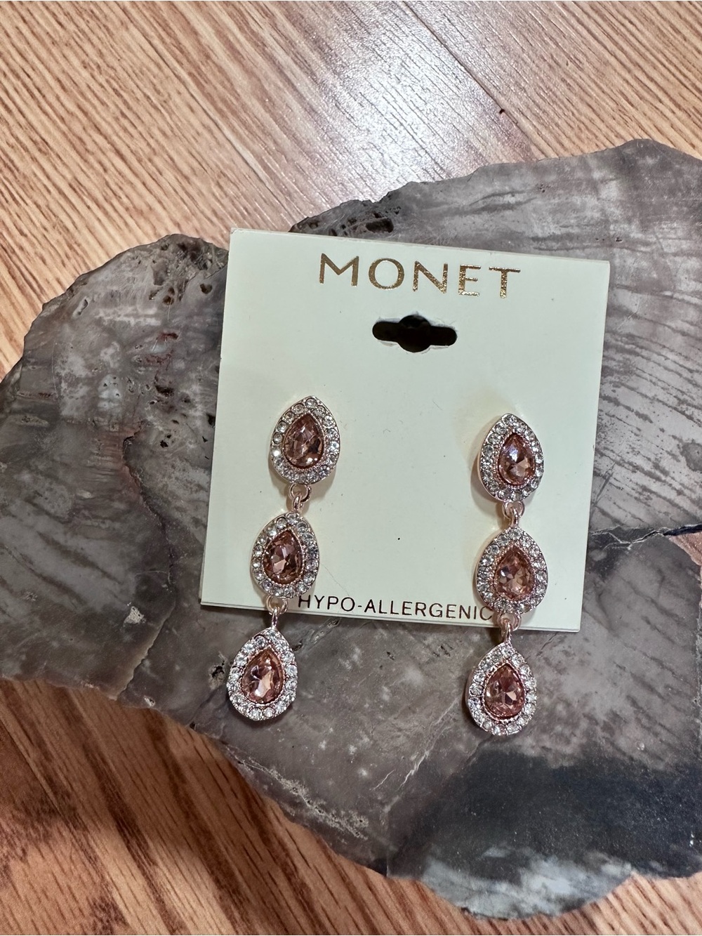 Monet Pink and Rose Gold Triple Teardrop Dangle Earrings